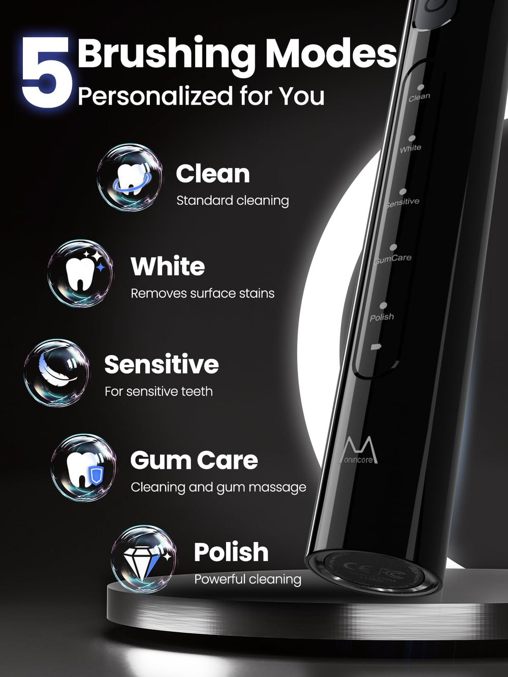 Close-up of Marlincare toothbrush with four replacement heads