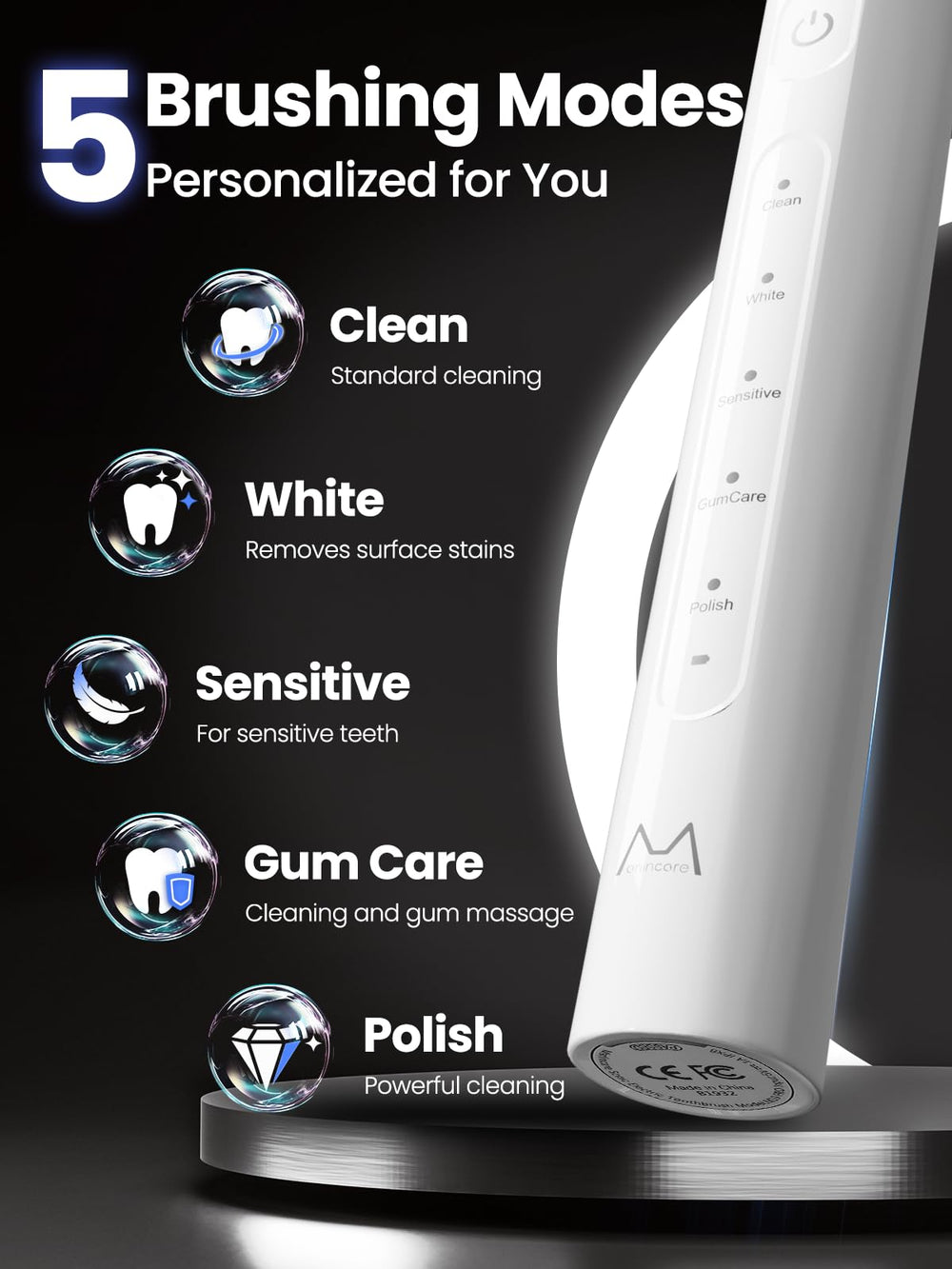 Close-up of Marlincare toothbrush showing 55,000 sonic pulses per minute