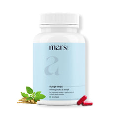 Close-up of Mars Surgemax capsules with Shilajit and Safed Musli