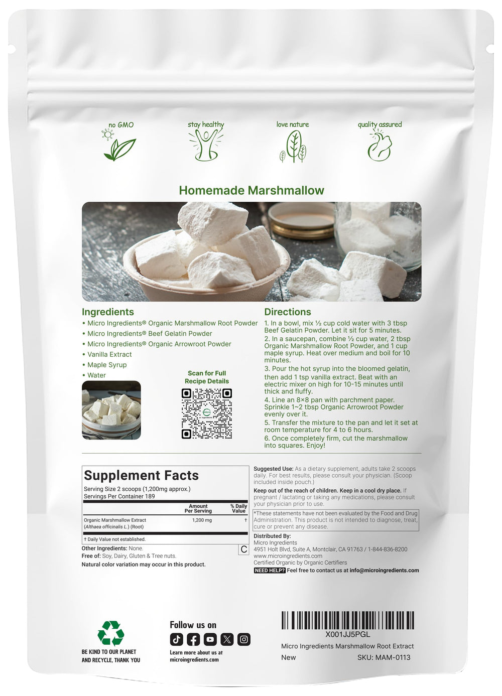 Scoop of marshmallow root powder on white background