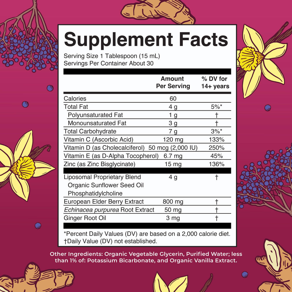 Close-up of MaryRuth Immunity Liposomal elderberry bottle