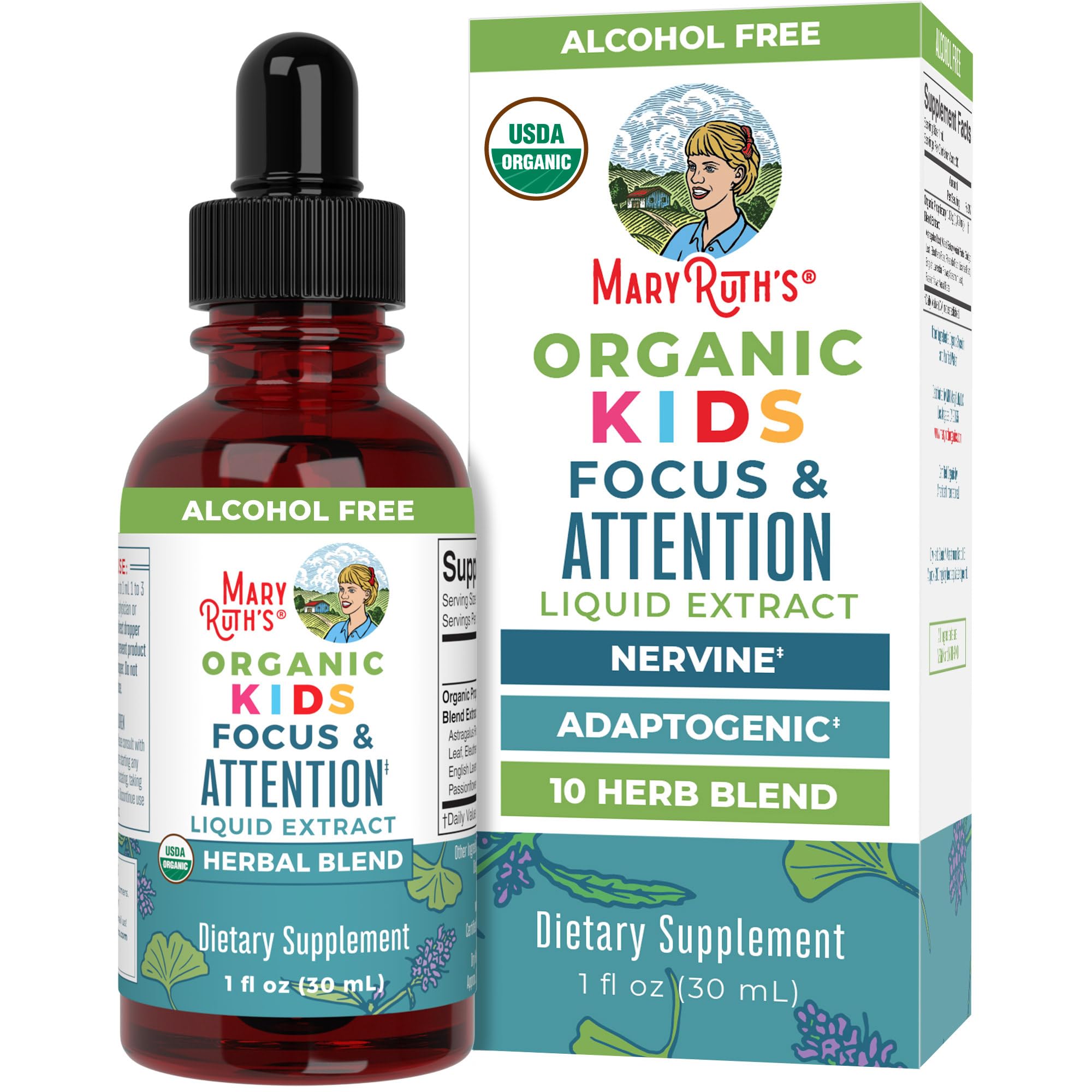 MaryRuth Organics Kids Focus Drops bottle with label MaryRuth Organics Kids Focus Drops bottle with label