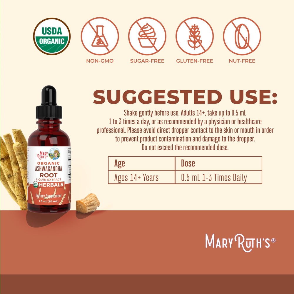 MaryRuth Organics Ashwagandha Root bottle with clear label signals trusted quality