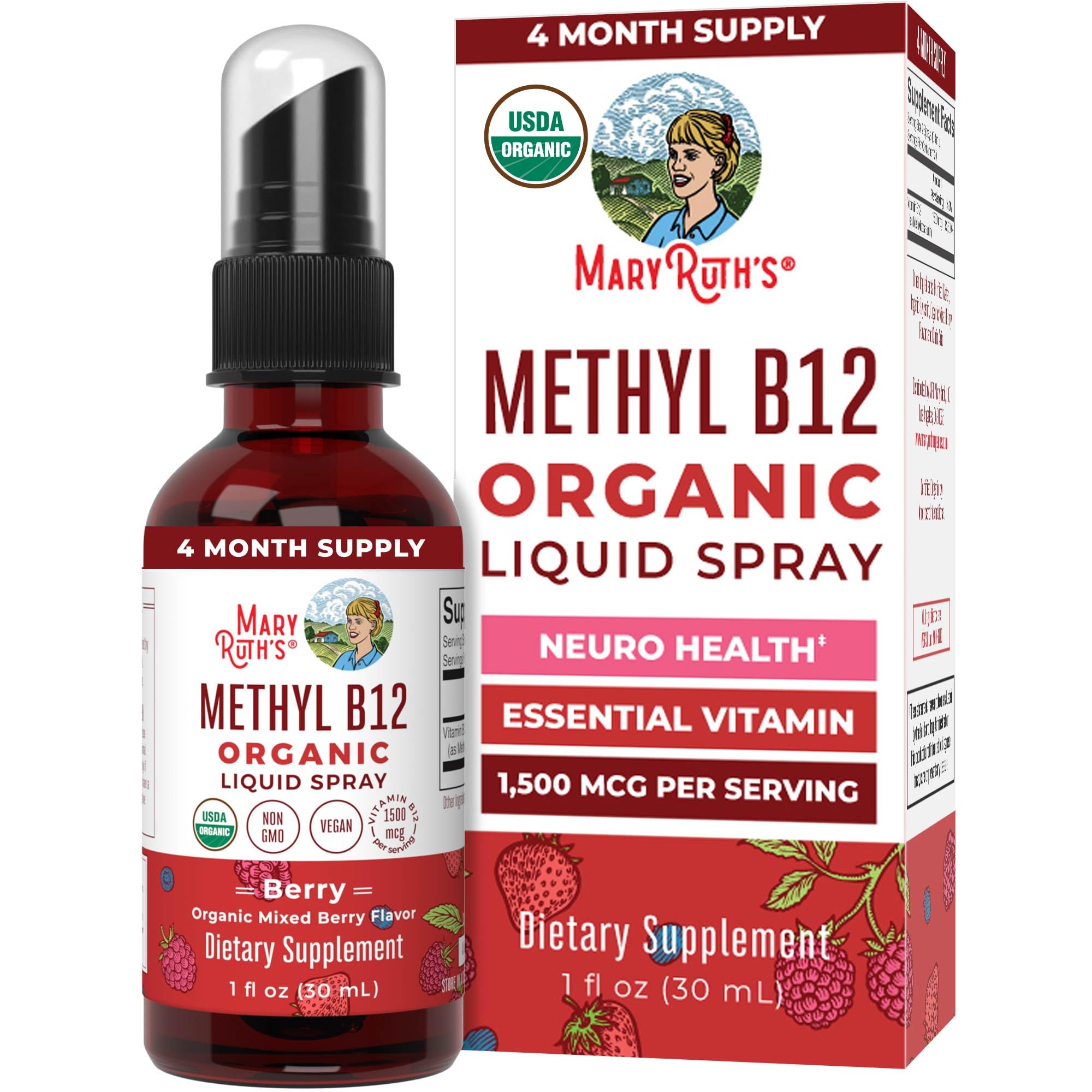 MaryRuth B12 spray bottle with berry flavor and 1,500 mcg label MaryRuth B12 spray bottle with berry flavor and 1,500 mcg label