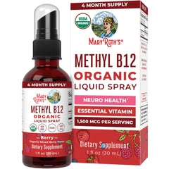 MaryRuth B12 spray bottle with berry flavor and 1,500 mcg label