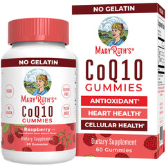 Raspberry-flavored CoQ10 gummy showing 120 mg per 2-gummy serving