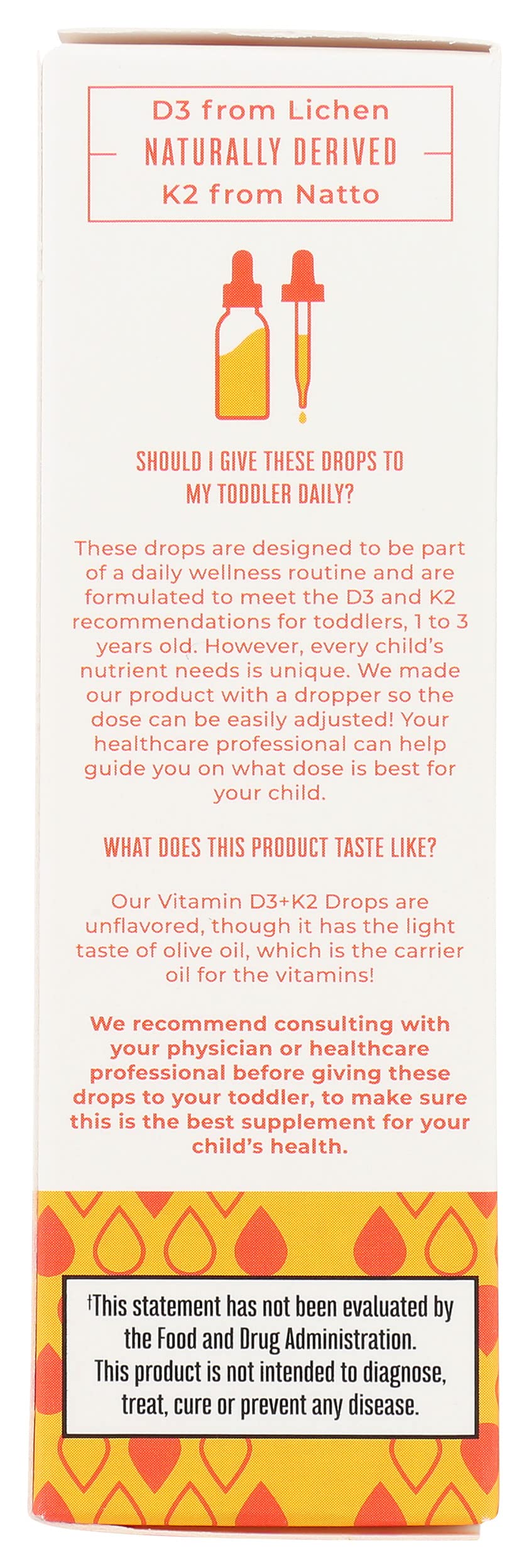 Close-up of D3+K2 liquid drops for toddlers Close-up of D3+K2 liquid drops for toddlers