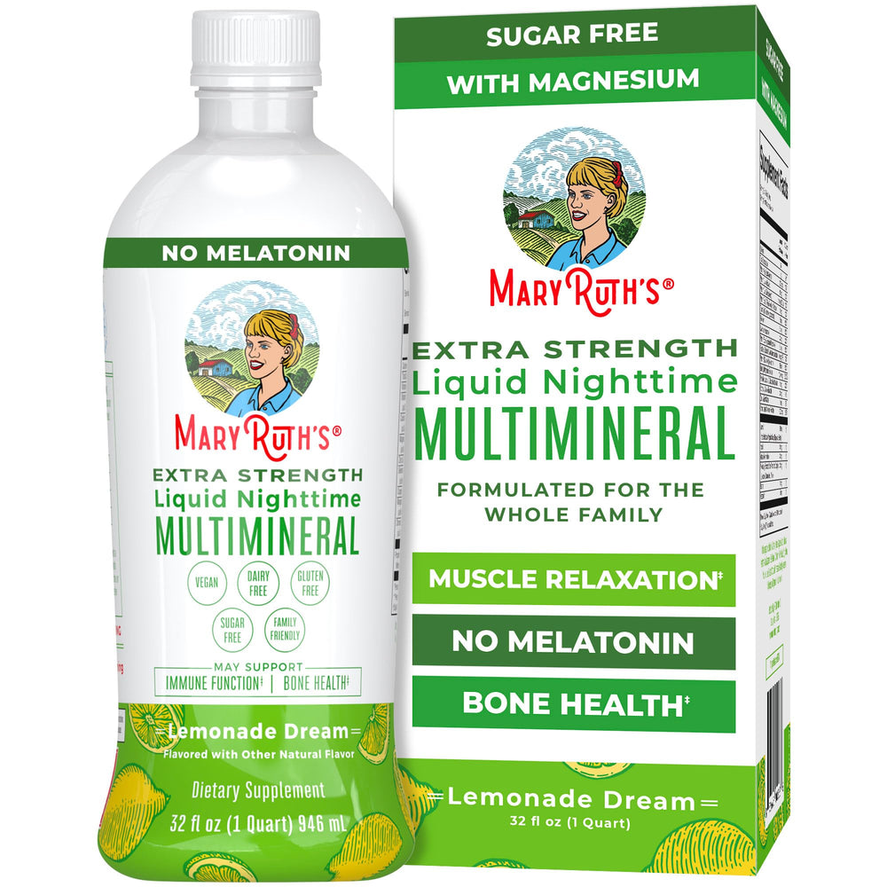 Bottle of MaryRuth Organics Extra Strength Nighttime Liquid Multimineral in Lemonade flavor