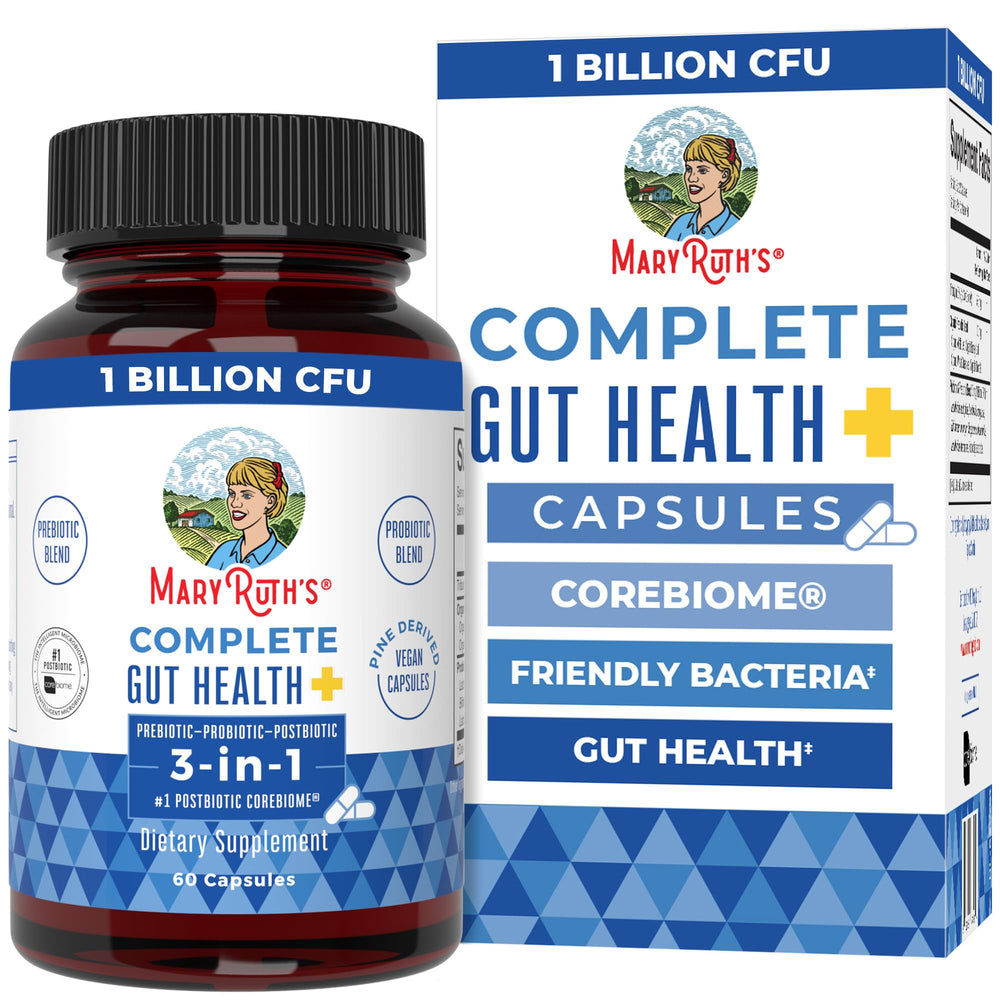 Bottle of MaryRuth Organics Complete Gut Health+ Capsules on white
