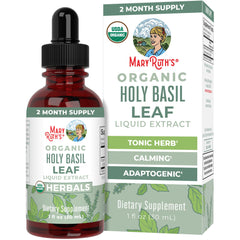 MaryRuth Organics Holy Basil Sugar Free Tulsi Drops bottle with 1 Fl Oz label