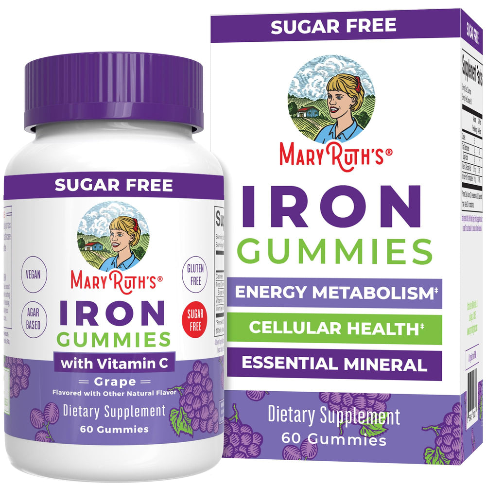 Front view of MaryRuth Organics Iron Gummies bottle with grape flavor