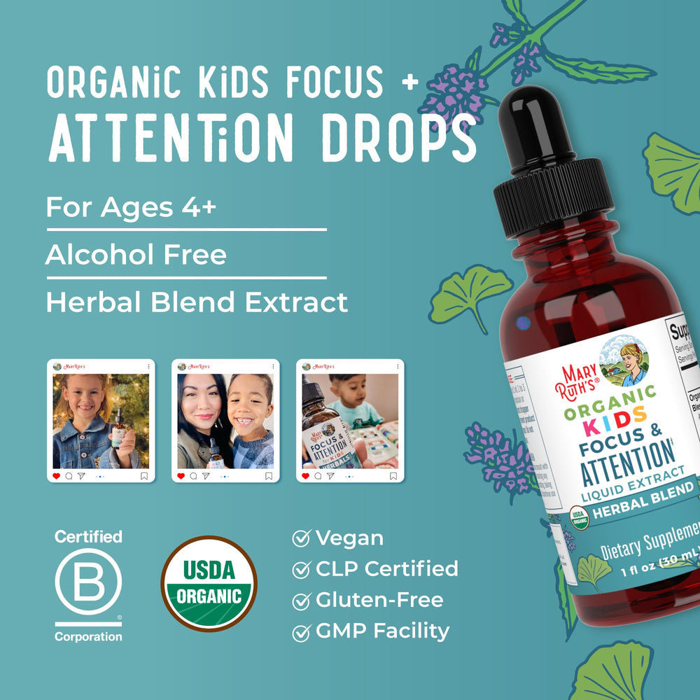 Clear MaryRuth Organics packaging emphasizing organic status and free-from ingredients