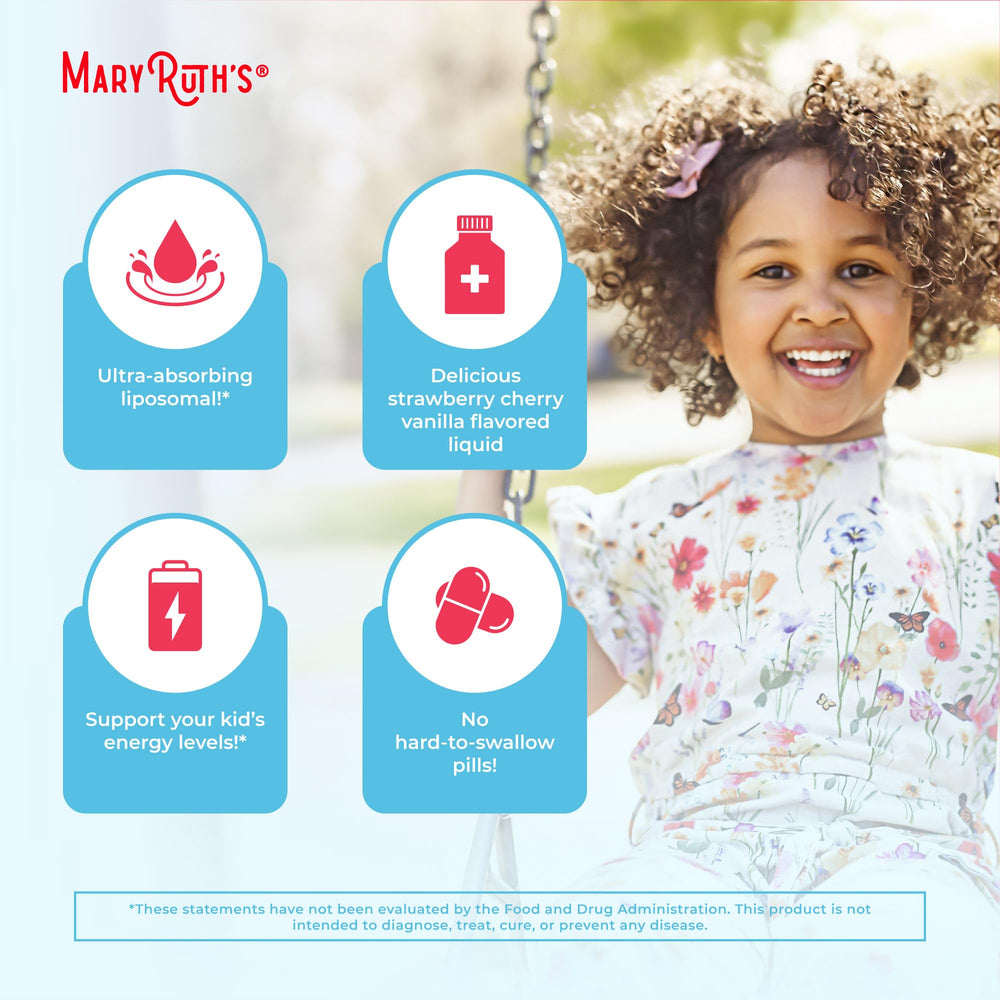 Label showing ingredients and allergen-free attributes on MaryRuth Kids Multivitamin liposomal
