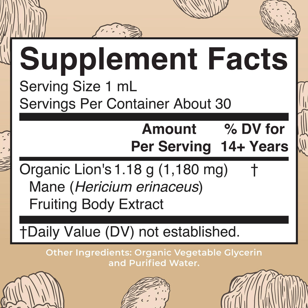 Close-up of Lions Mane mushroom/illustration on label