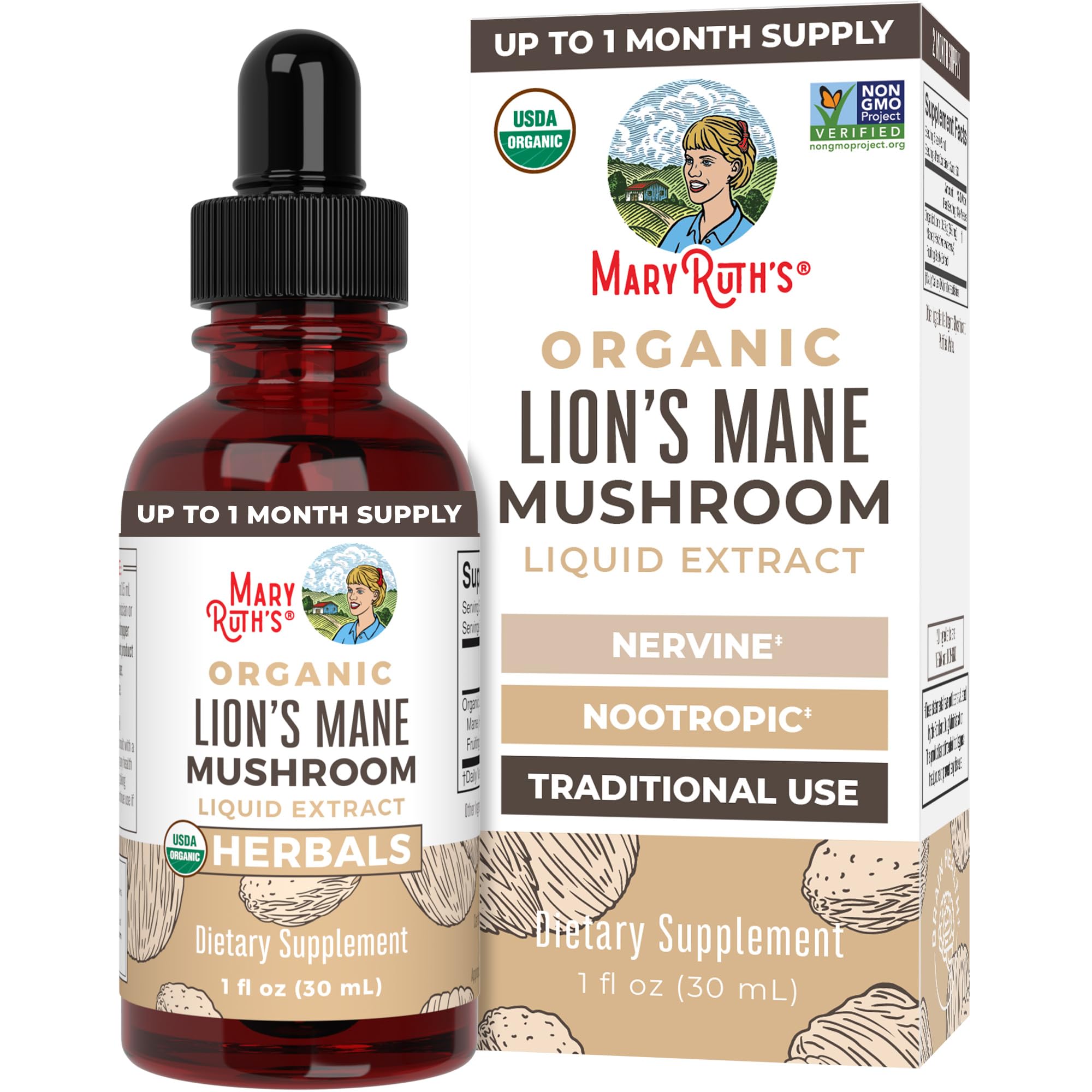 MaryRuth Organics Lions Mane Mushroom Supplement bottle front view MaryRuth Organics Lions Mane Mushroom Supplement bottle front view