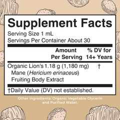 Close-up of Lions Mane Mushroom bottle label showing organic certification