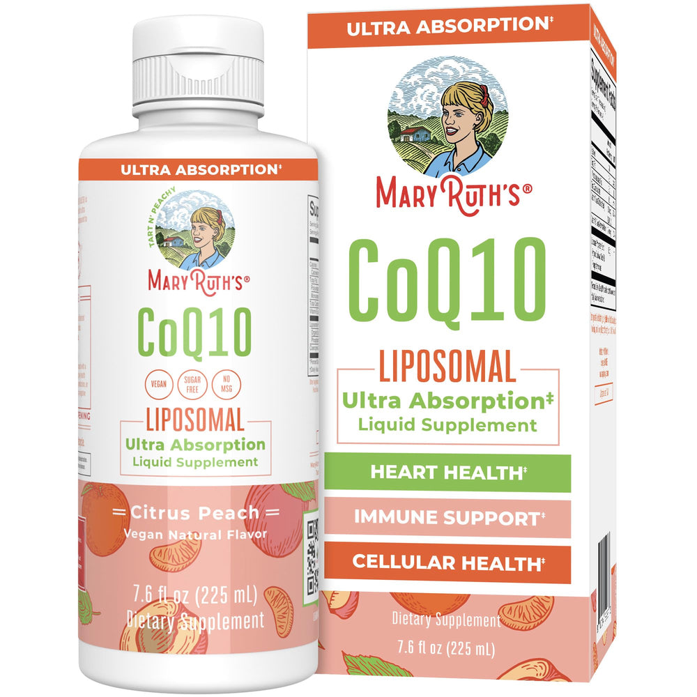 MaryRuth Organics Liquid CoQ10 bottle highlighting heart health benefits