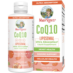 MaryRuth Organics Liquid CoQ10 bottle highlighting heart health benefits