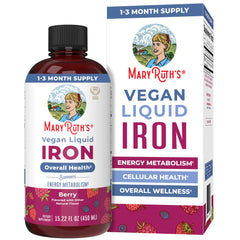 MaryRuth Organics liquid iron supplement bottle showing sugar-free, vegan formula.