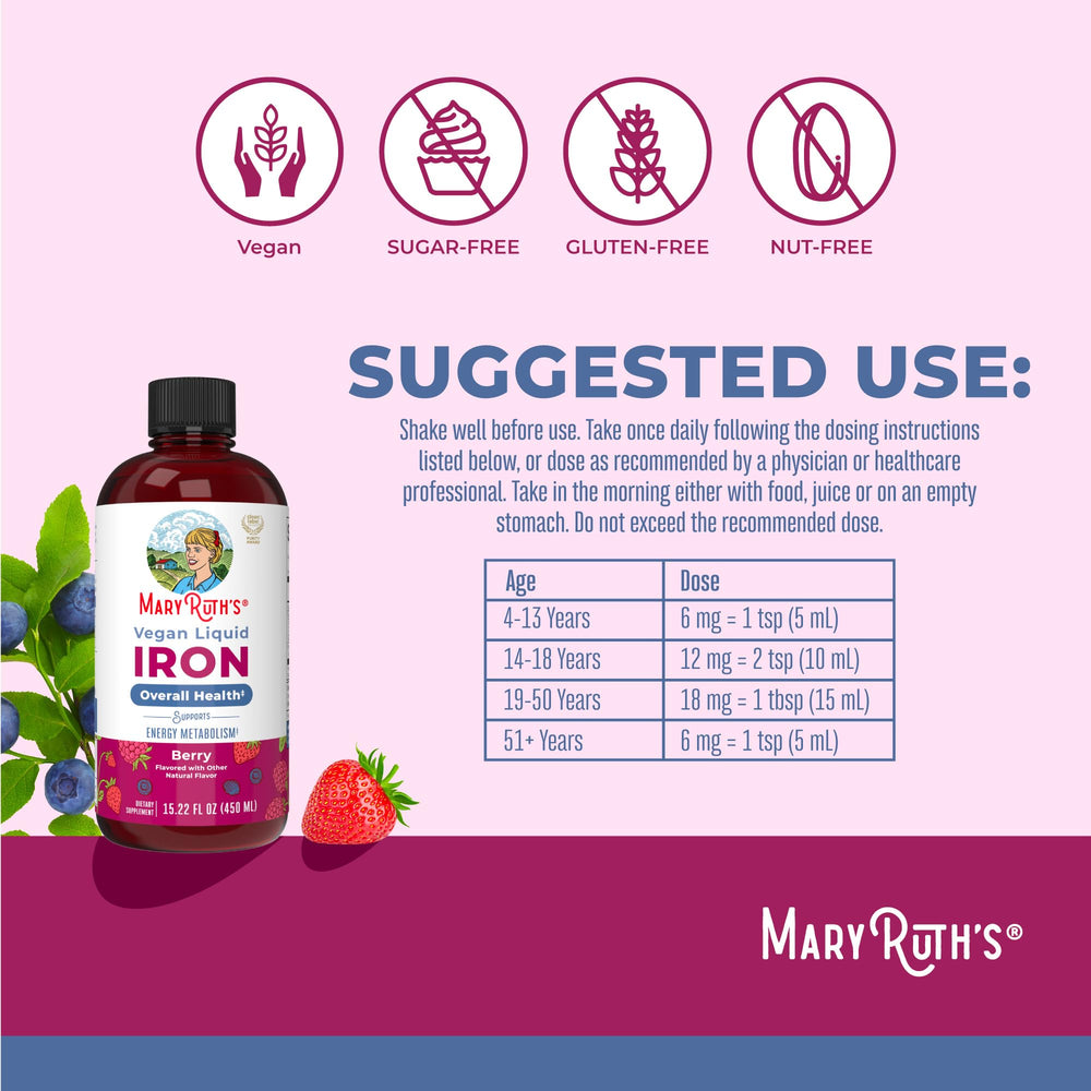 MaryRuth Organics iron supplement bottle designed for family use, ages 4 and up.