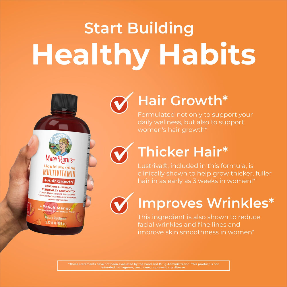 Peach mango flavor MaryRuth Organics liquid multivitamin bottle.