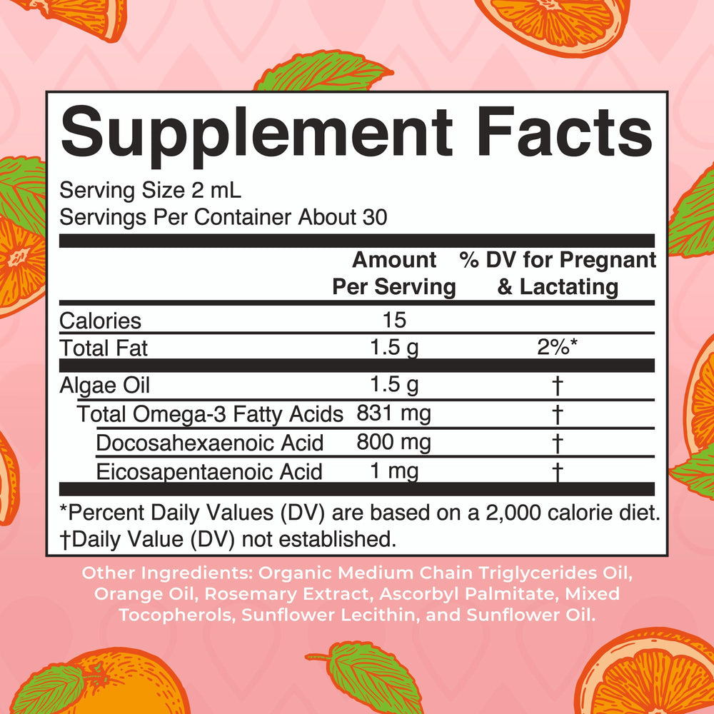 Nutrition per serving showing 800 mg DHA and 8 mg EPA