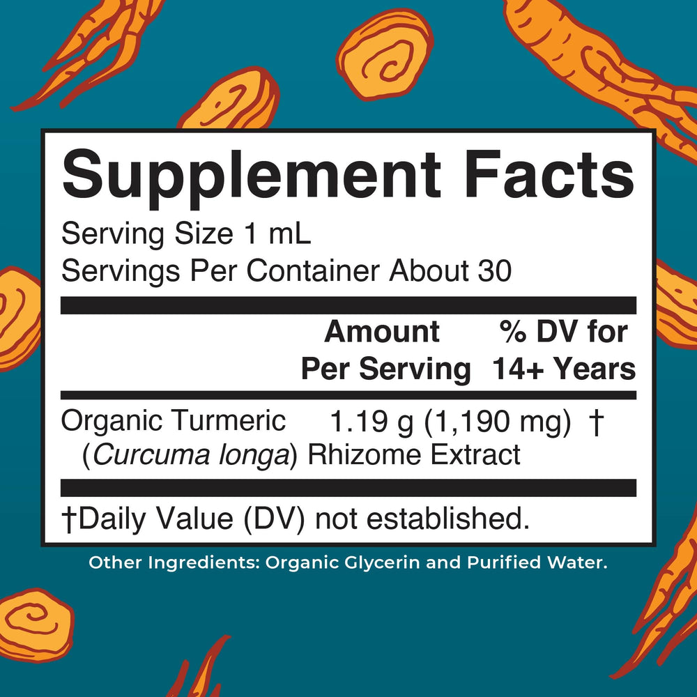 MaryRuth Organic Turmeric Liquid Extract label showing USDA Organic and Non-GMO