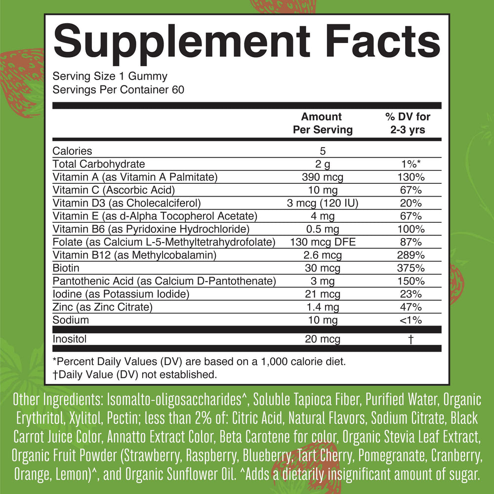 Nutrition facts panel for the toddler multivitamin gummies