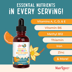 MaryRuth Organics toddler multivitamin vegan-non-gmo badge visible on bottle.