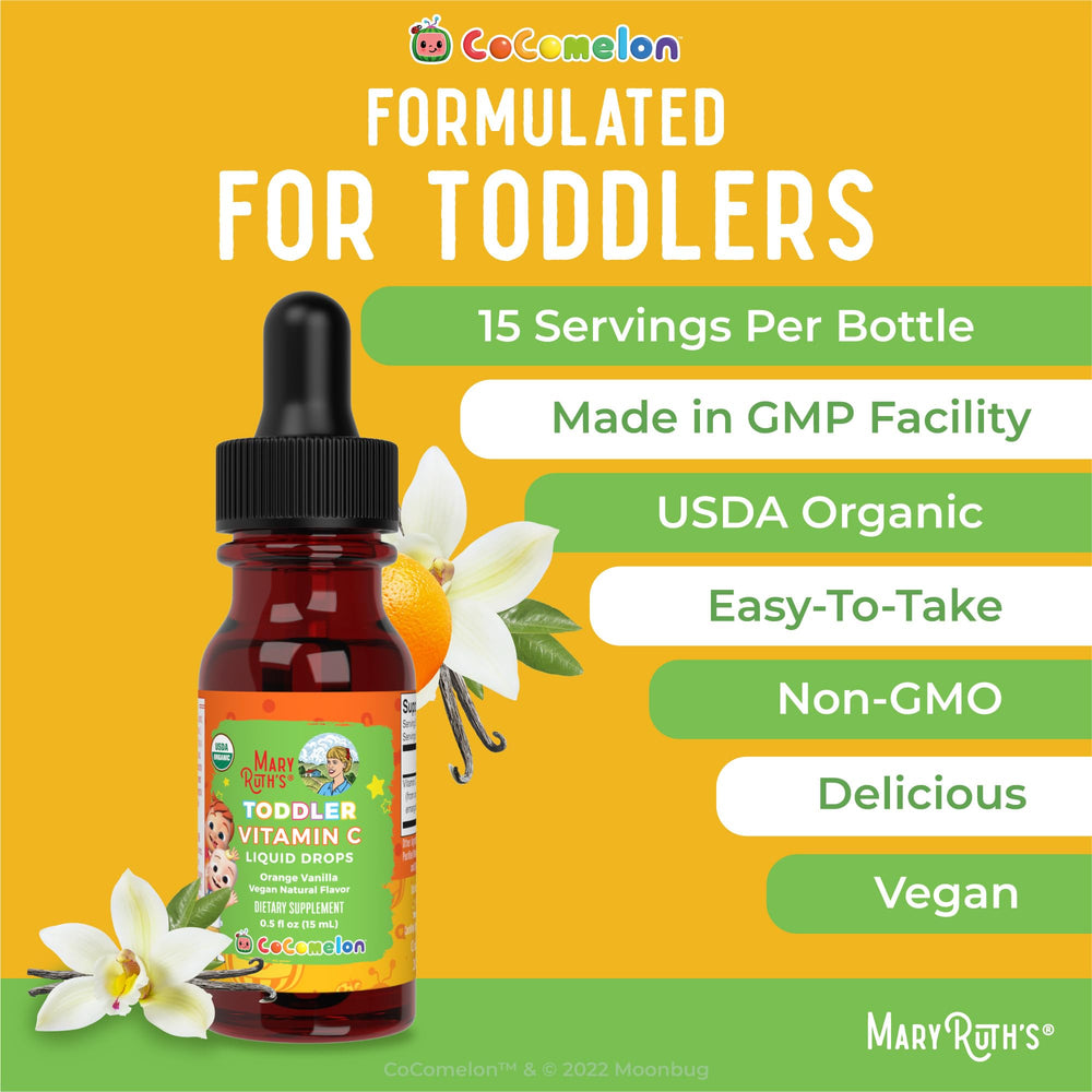 Dropper bottle dispensing orange vanilla flavored Vitamin C