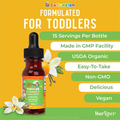 Dropper bottle dispensing orange vanilla flavored Vitamin C