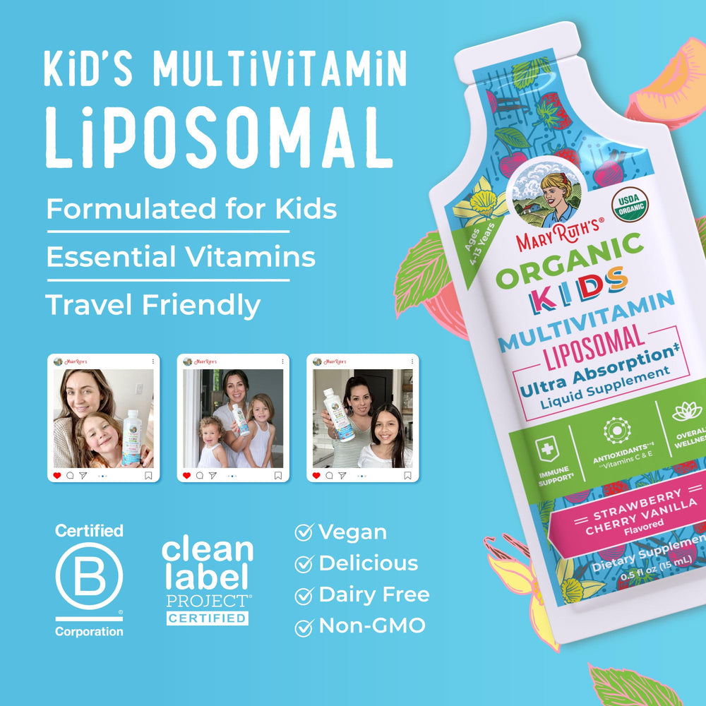 Vegan and Non-GMO symbols on MaryRuth Kids Multivitamin packaging