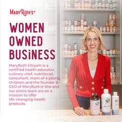 MaryRuth Organics Vitamin B Complex bottle with a glass of water.