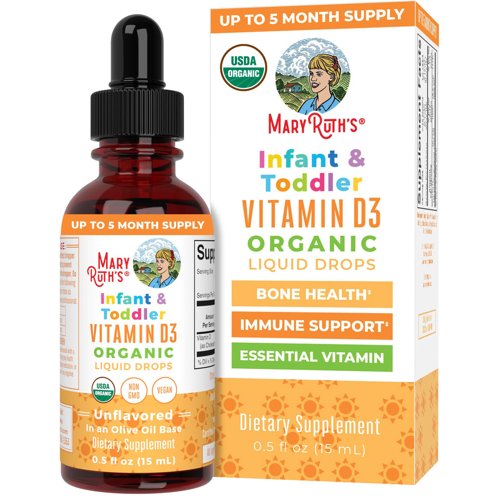 MaryRuth Organics Vitamin D Drops bottle closeup for infants and toddlers