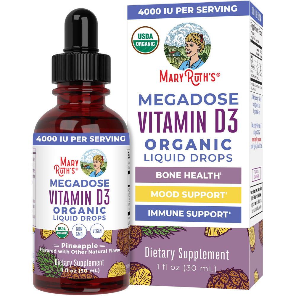 MaryRuth Organics Vitamin D3 Drops bottle close-up highlighting vegan megadose support for immunity.