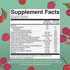 Close-up of MaryRuth Organics women's multivitamin gummies flavors cherry and raspberry