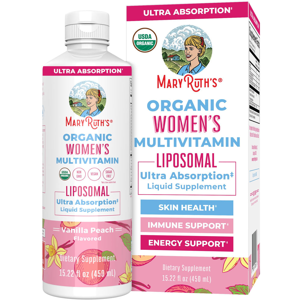 MaryRuth Organics Women's Multivitamin Liposomal bottle in vanilla peach flavor