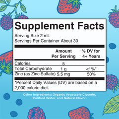 Zinc Sulfate for Kids label and nutritional information, 2 fl oz