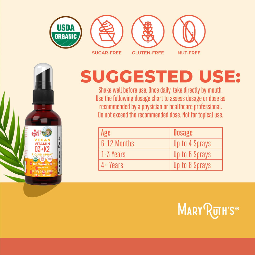 Dosage chart for MaryRuth's D3 K2 liquid spray