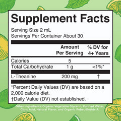 Close-up of product label showing 200 mg L-Theanine per 60 drops