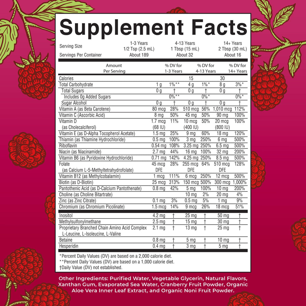 Second angle of MaryRuth's Raspberry Liquid Morning Multivitamin bottle