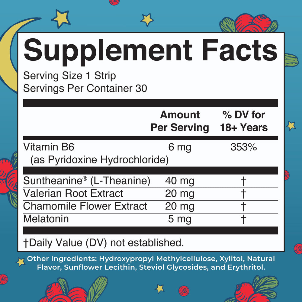 MaryRuth's Sleep Dissolving Strips Cranberry flavor pouch back label