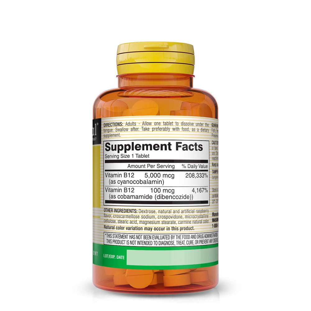 Close-up of raspberry-flavored B12 sublingual tablet dissolving