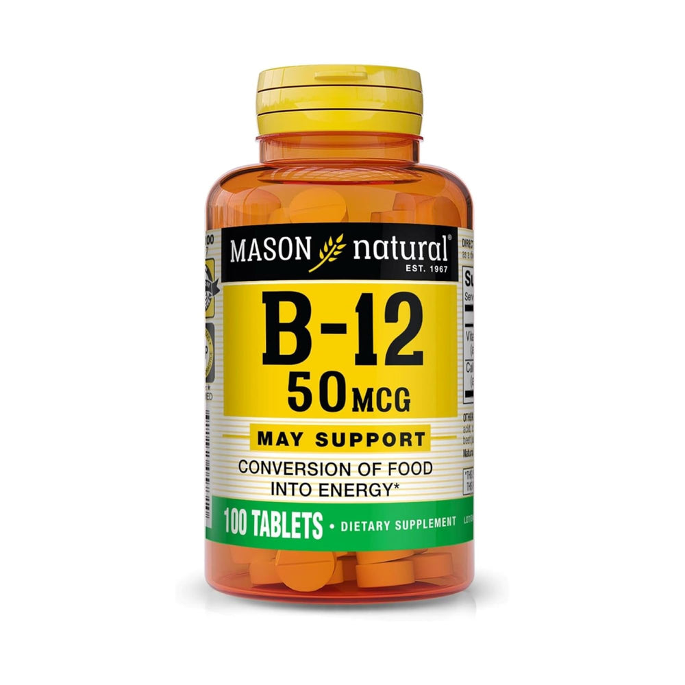 Front view of Mason Natural Vitamin B12 50 mcg with calcium 100 tablets pack