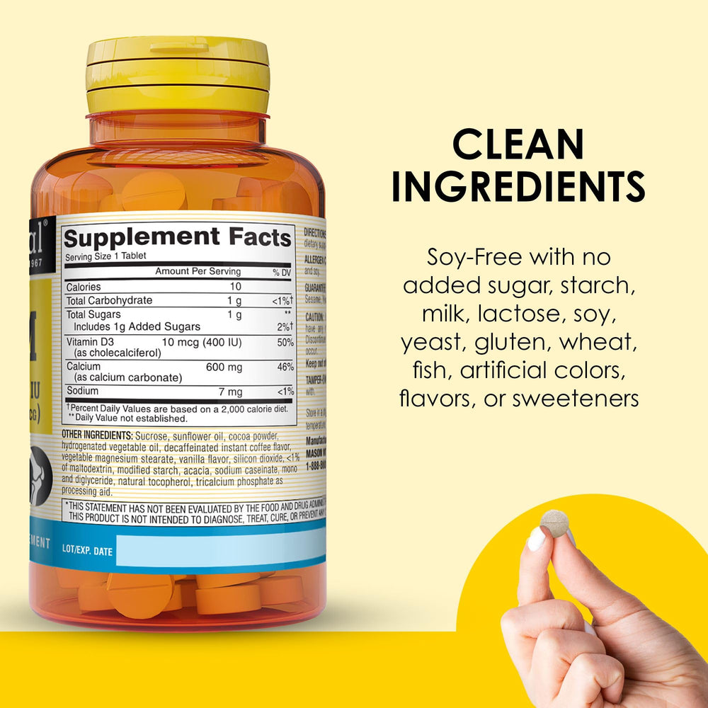 Ingredients and supplement facts for Mason Natural Calcium 600 mg with Vitamin D3