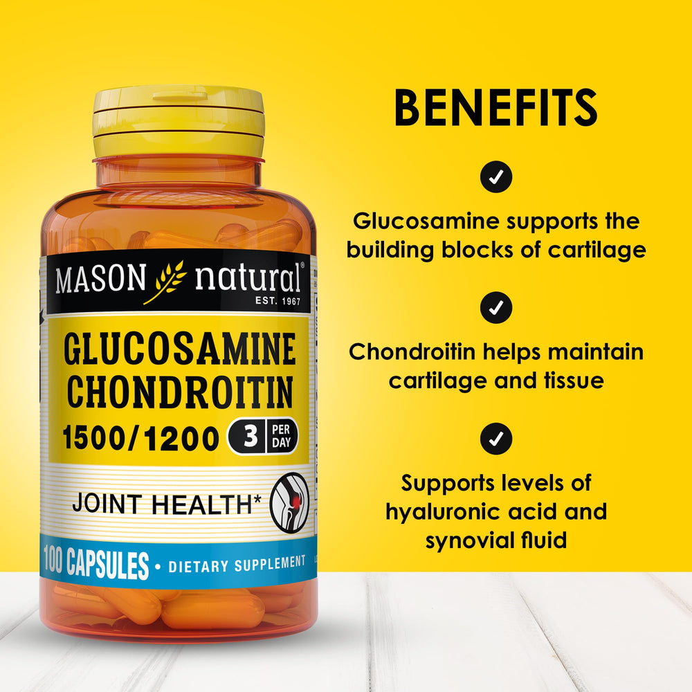 Per-dose illustration showing 1500 mg glucosamine and 1200 mg chondroitin per dose