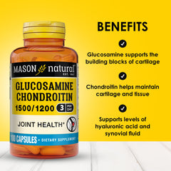 Per-dose illustration showing 1500 mg glucosamine and 1200 mg chondroitin per dose