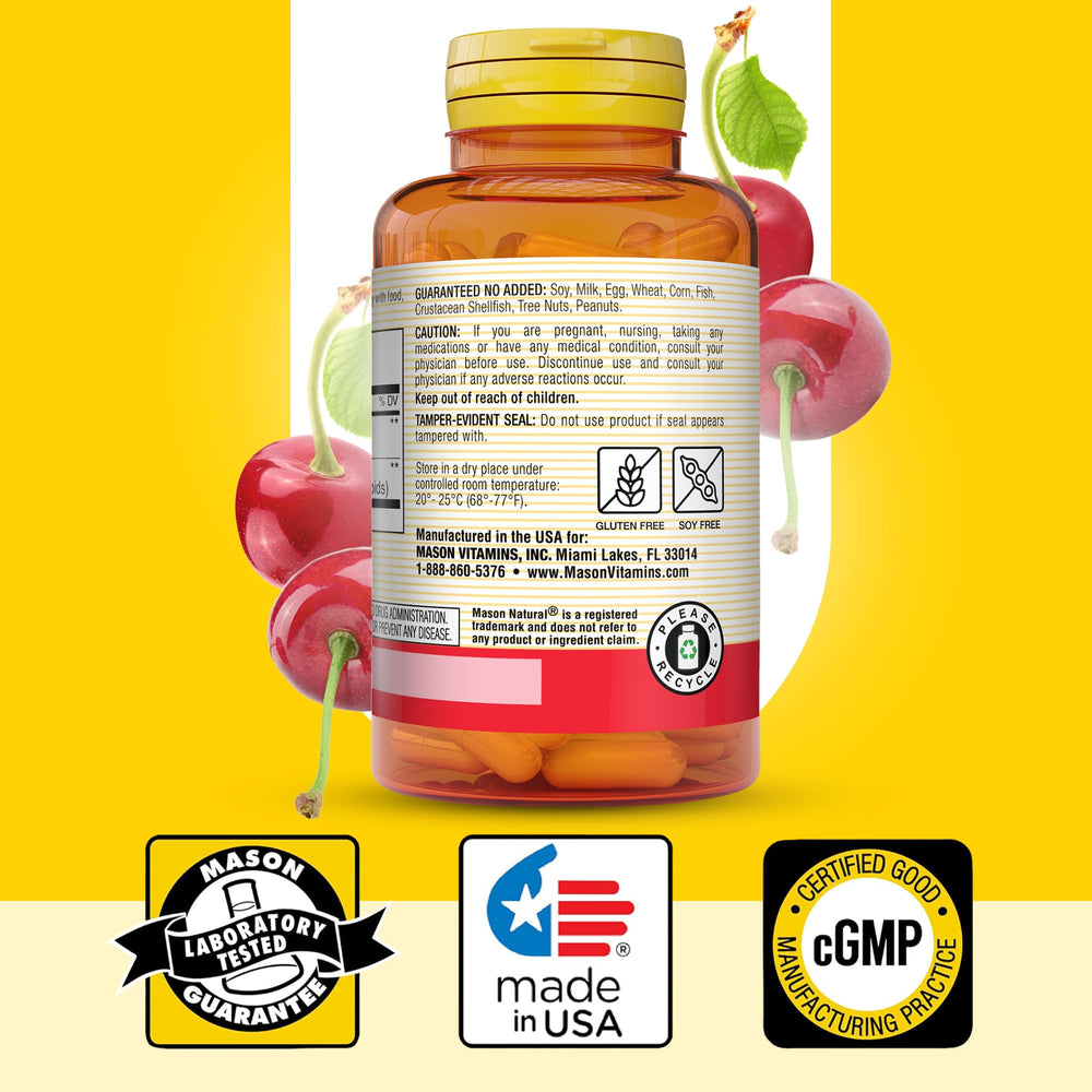 Close-up of one capsule highlighting Tart Cherry Extract and Turmeric ingredients