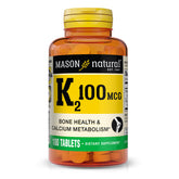 Mason Natural Vitamin K2 100 mcg with Calcium bottle and tablets front view