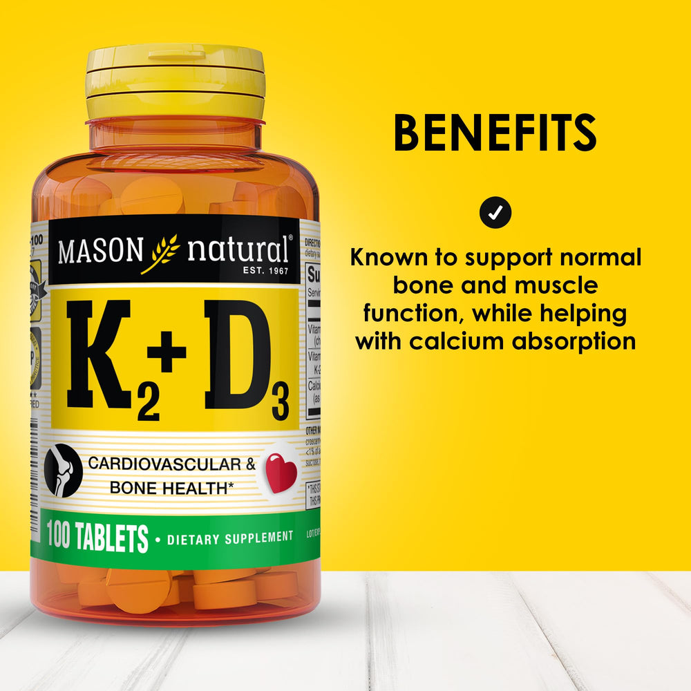 Label showing ingredients of Mason Natural K2 D3 with calcium